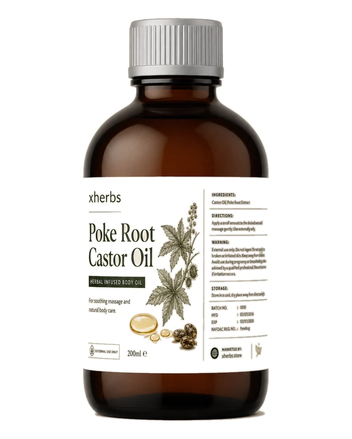 Poke Root Castor Oil for Lymphatic Massage & Natural Body Care - 200ml — on xHerbs Store Nigeria